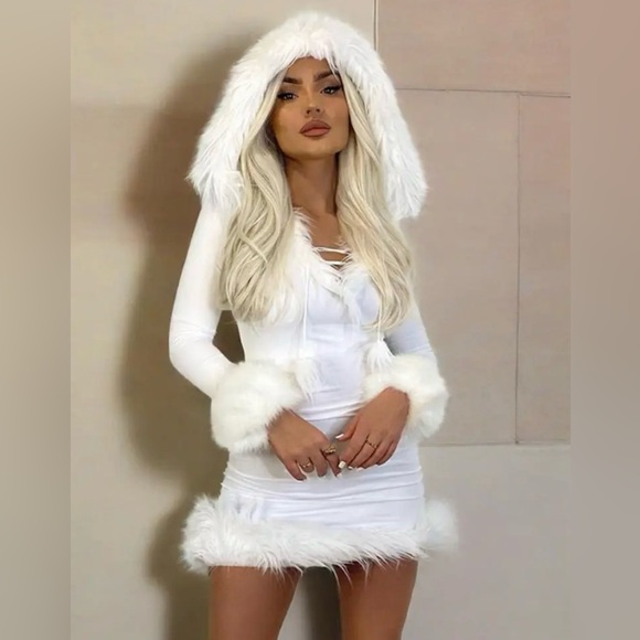 White Faux Fur Trim Hooded Dress - Picture 1 of 6